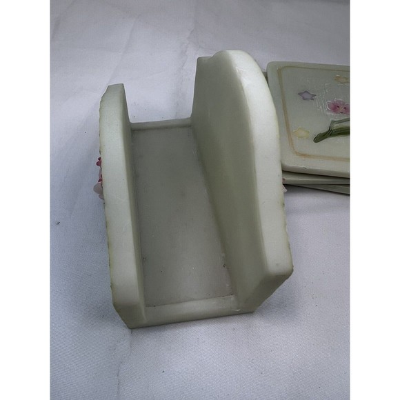 Set Of 4 Stone Hand Painted Coasters W Holder‎ 3D Butterfly & Flowers Sculpture - Picture 4 of 13